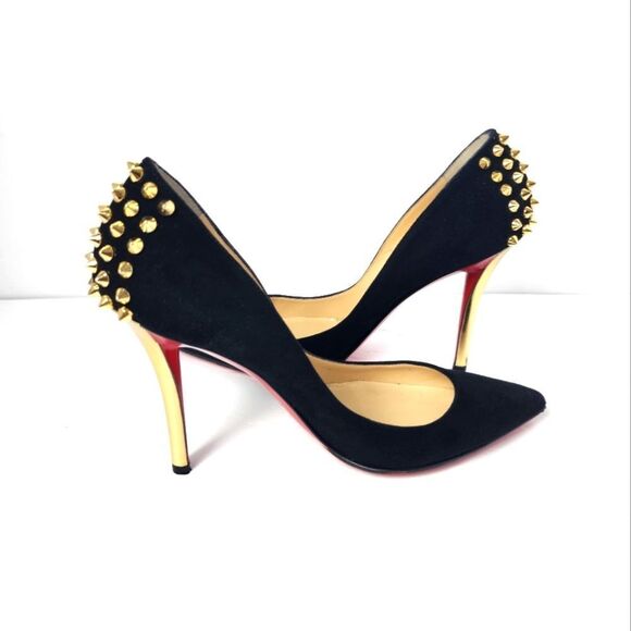 Christian Louboutin Zappa 100 Suede Specchio Heels Spike Black Gold Size 36 - Picture 4 of 14